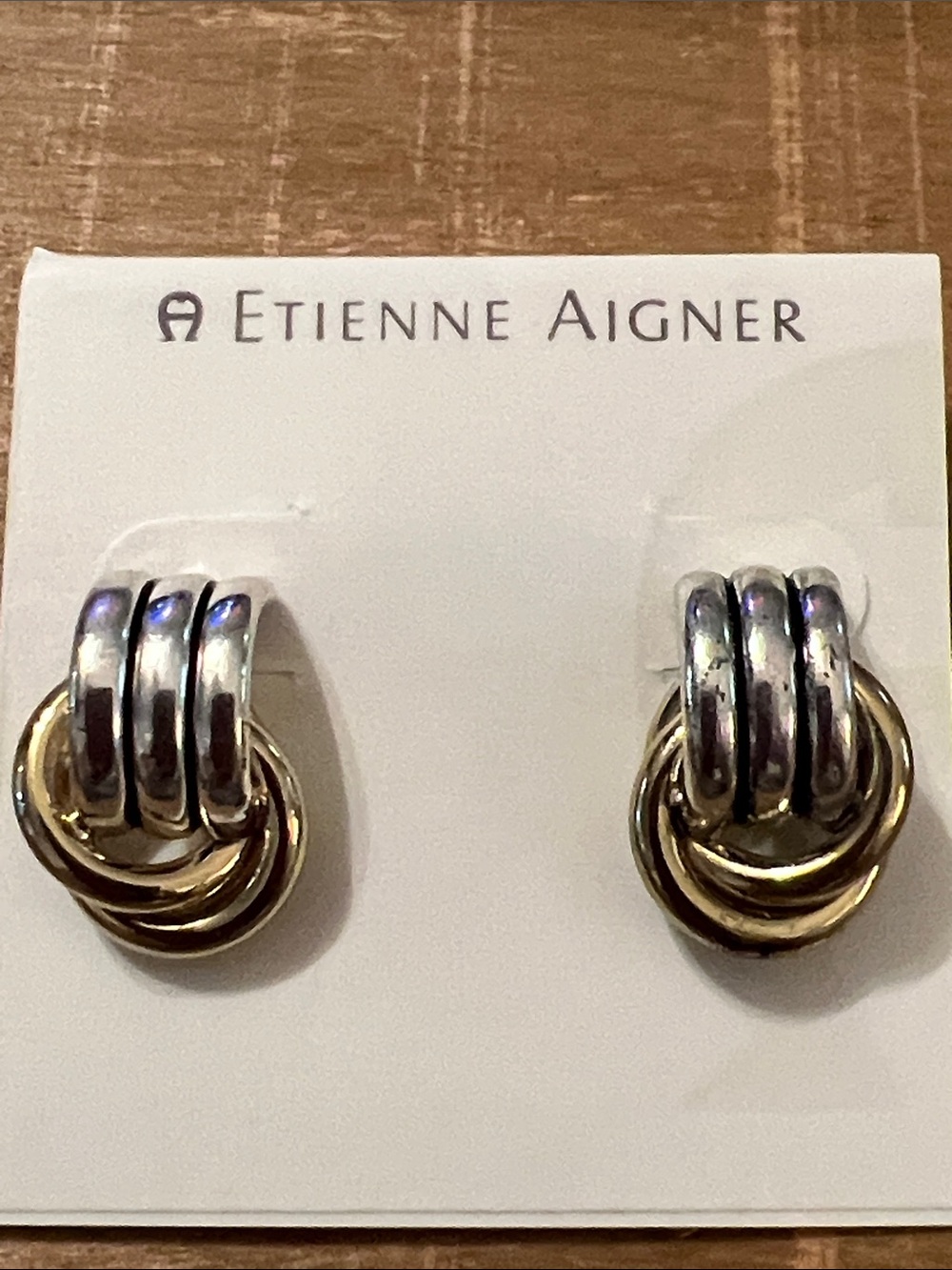 3/$18 Etienne Aigner Two-Tone Knot Stud Earrings in Silver and Gold Lot 738